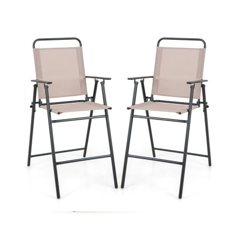BOXED COSTWAY OUTDOOR FOLDING BAR CHAIR SET OF 2 WITH BACKREST ARMRESTS FOOTREST - BEIGE