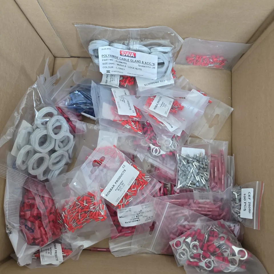 APPROXIMATELY 20 ASSORTED MAINTENANCE EQUIPMENT PRODUCTS TO INCLUDE CABLE GLANDS, CRIMP CONNECTORS, LOCK NUTS ETC 