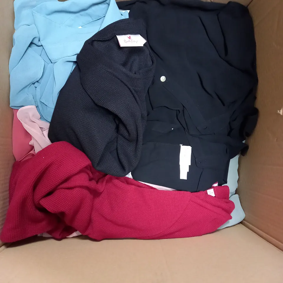 BOX OF ASSORTED CLOTHING ITEMS TO INCLUDE JUMPERS - SHIRTS - TROUSERS 