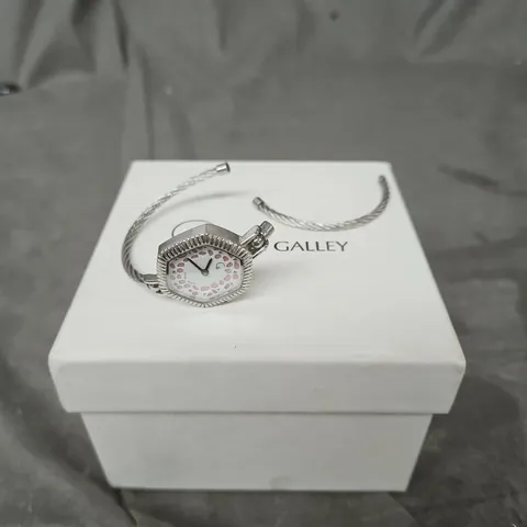 RACHEL GALLEY LADIES' WRISTWATCH – SILVER-TONE CASE & BRACELET, PINK FLORAL DIAL