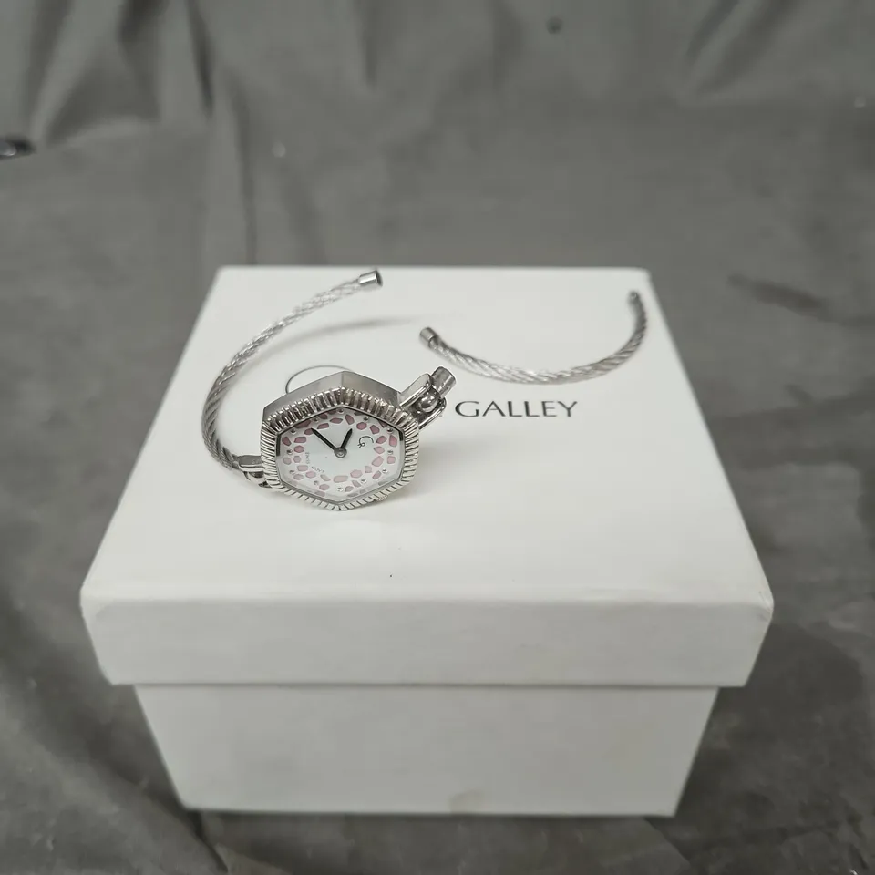 RACHEL GALLEY LADIES' WRISTWATCH – SILVER-TONE CASE & BRACELET, PINK FLORAL DIAL