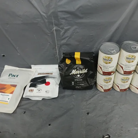 APPROXIMATELY 8 ASSORTED FOOD ITEMS TO INCLUDE BIONA COCONUT MILK LIGHT, PACT HOUSE ESPRESSO, AND UESHIMA FUJI MOUNTAIN ETC.