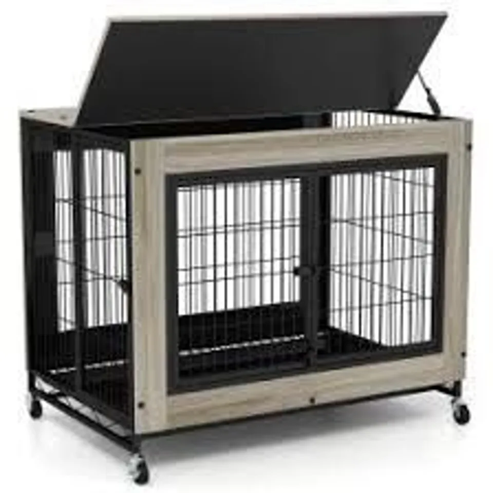 BOXED COSTWAY INDUSTRIAL DOG KENNEL WITH FLIP-UP TOP AND 3 LOCKABLE DOORS-GREY