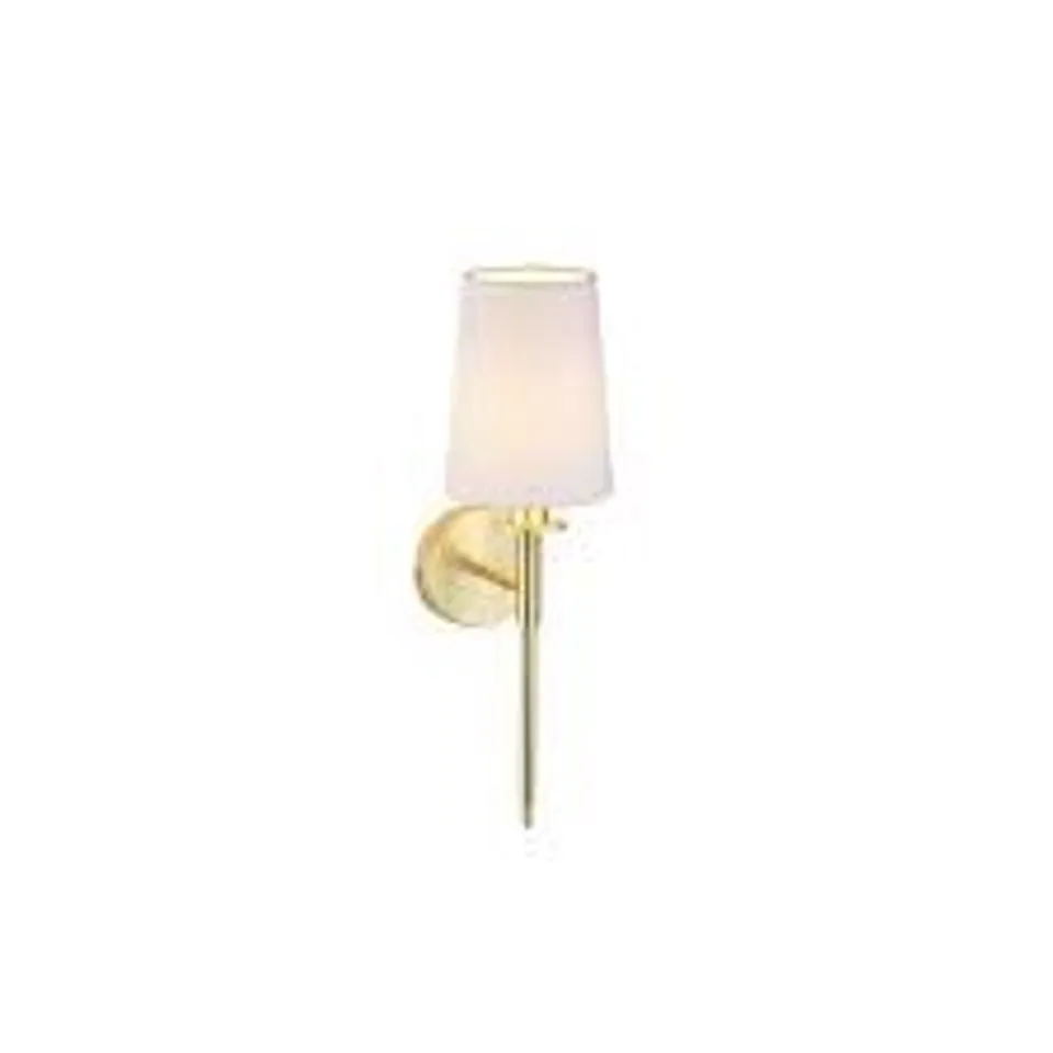 BOXED ENDON 1 LIGHT WALL LIGHT SATIN BRASS PLATE & VINTAGE WHITE FABRIC SHADE 