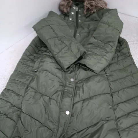 CENTIGRADE OLIVE GREEN HOODED PUFFER COAT, FUR TRIM, UK 2XL