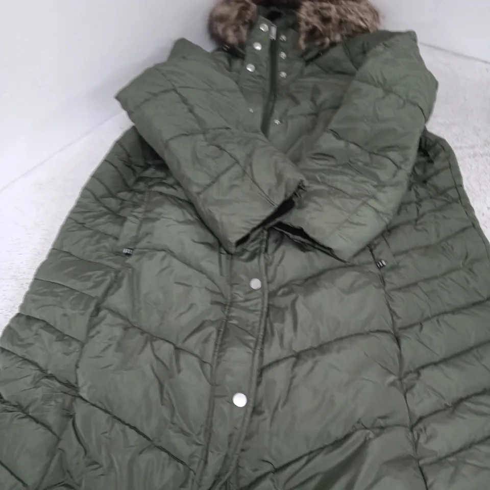 CENTIGRADE OLIVE GREEN HOODED PUFFER COAT, FUR TRIM, UK 2XL