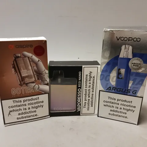 APPROXIMATELY 20 VAPES & E-CIGARETTES TO INCLUDE VAPORESSO ECO NANO, VOOPOO ARGUS G, ASPIRE GOTEK X, ETC