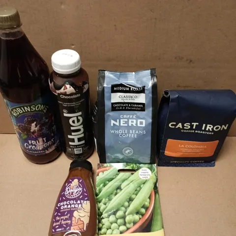 APPROXIMATELY 10 ASSORTED FOOD ITEMS TO INCLUDE CHOCOLATE SAUCE , HUEL AND ROBINSON JUICE