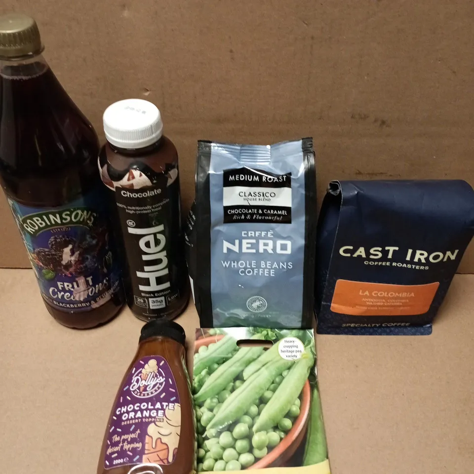 APPROXIMATELY 10 ASSORTED FOOD ITEMS TO INCLUDE CHOCOLATE SAUCE , HUEL AND ROBINSON JUICE