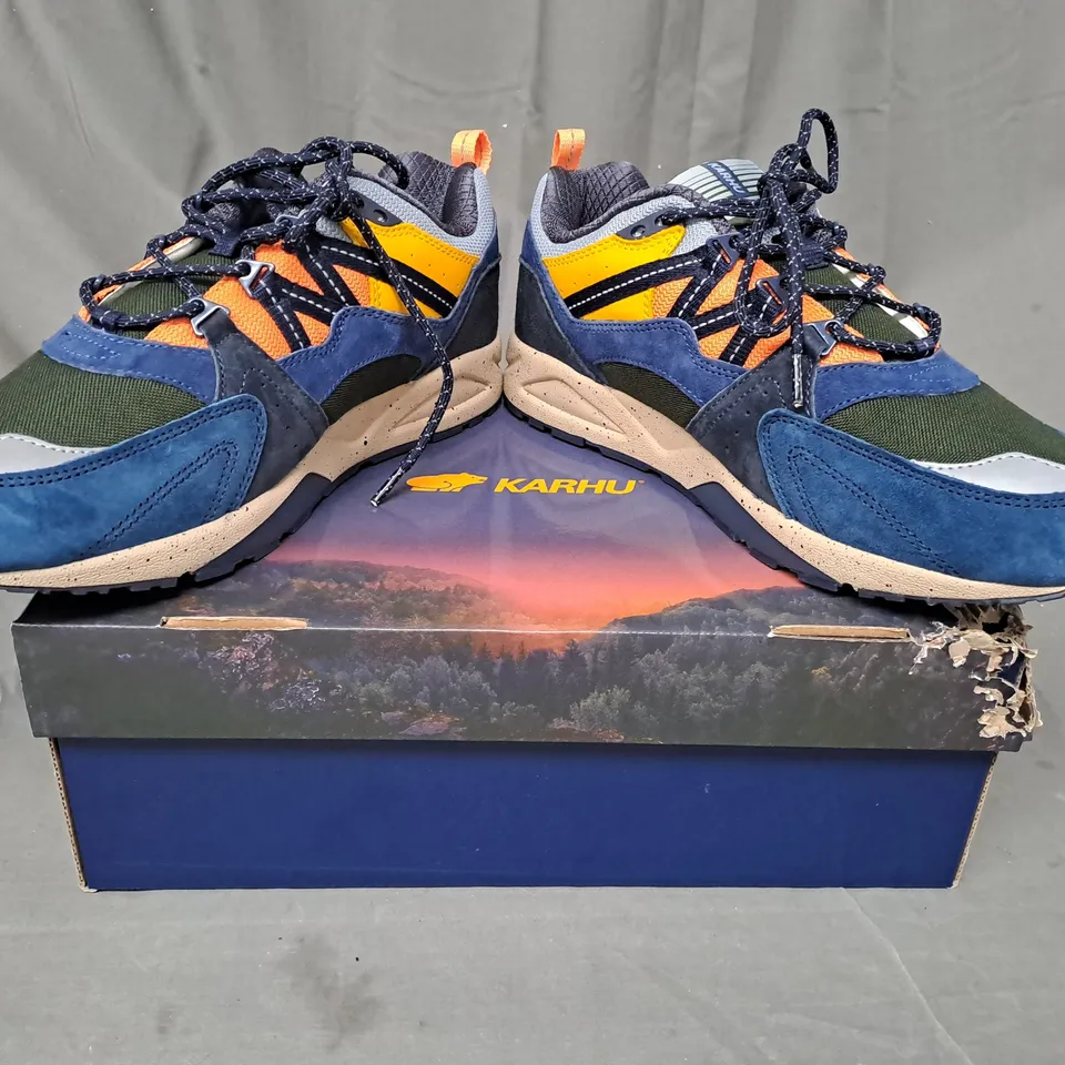 BOXED PAIR OF KARHU FUSION 2.0 SHOES IN NAVY/MULTI COLOUR UK SIZE 9