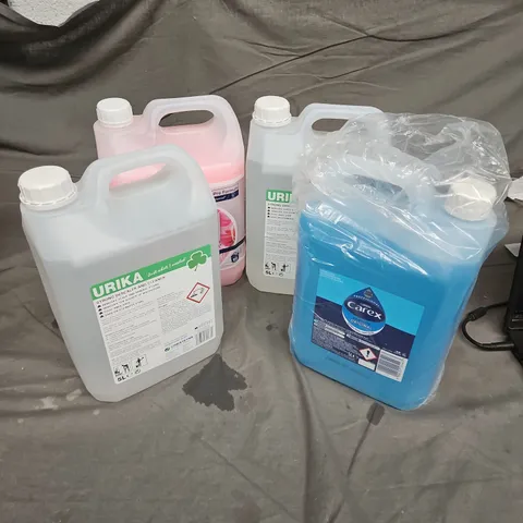 4 ASSORTED LARGE LIQUIDS TO INCLUDE URIKA STRONG DESCALER, CAREX ORIGINAL COMPLETE, COMFORT PROFESSIONAL, ETC