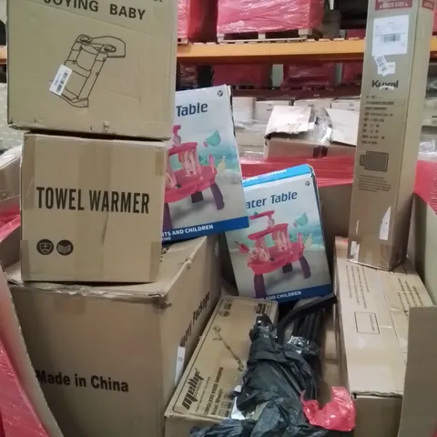 PALLET CONTAINING VARIOUS ASSORTED BOXED HOUSEHOLD ITEMS TO INCLUDE: TOWEL WARMER, CHAIR MAT, CORDLESS WEED SWEEPER, WATER TABLES, AND LOTS MORE UNMARKED BOXED ITEMS 