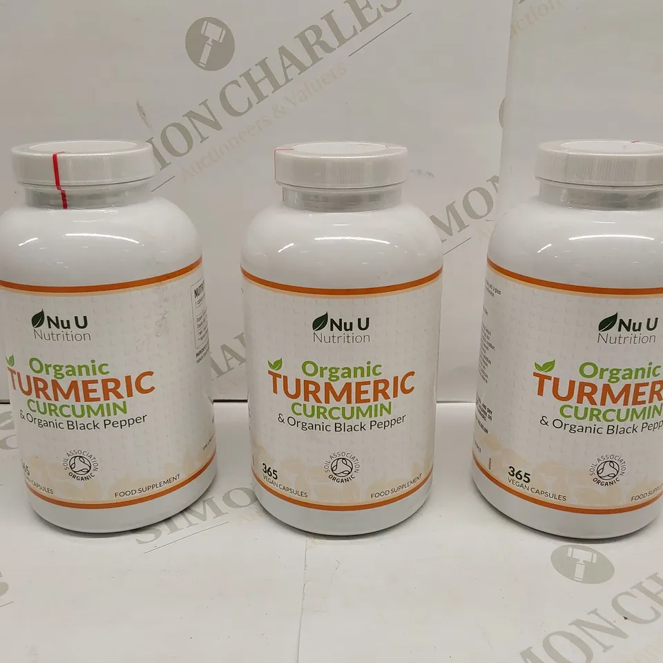 APPROXIMATELY 3 BOTTLES OF NU U ORGANIC TUMERIC CURCUMIN & ORGANIC BLACK PEPPER NUTRITION VEGAN CAPSULES - 365 CAPSULES PER BOTTLE // BEST BEFORE: 07/26