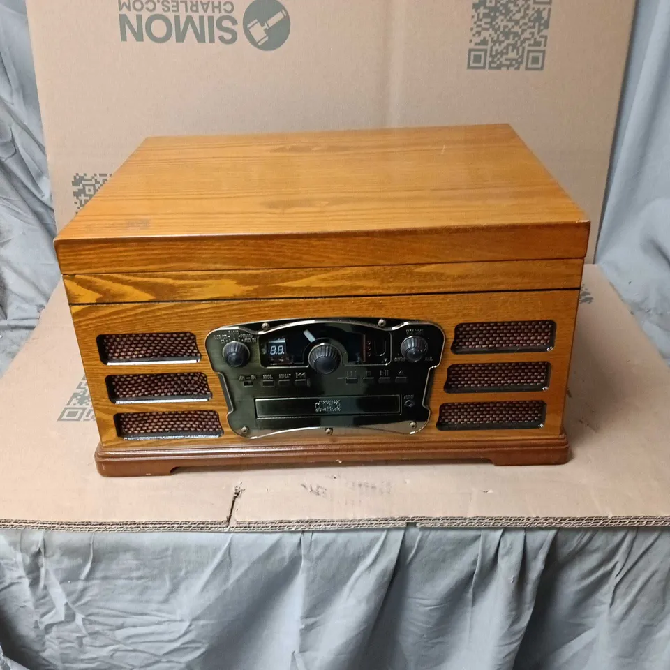 RETRO WOODEN CONSOLE STEREO WITH TURNTABLE, CD PLAYER & USB/SD INPUT (MODEL 14103-2T) UNBOXED
