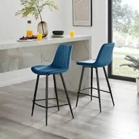 BOXED 2X PESARO NAVY BLUE VELVET COUNTER STOOLS BLACK LEGS 