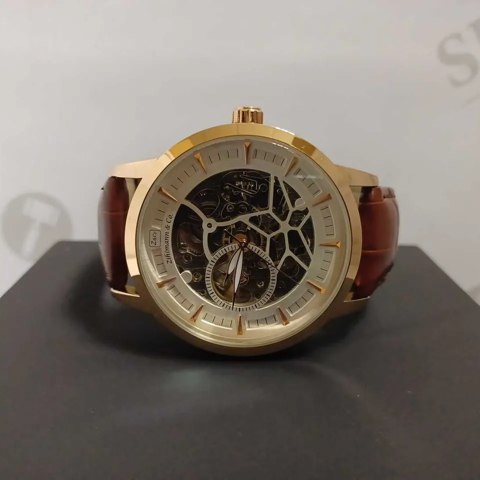 MENS ZIHLMANN & CO AUTOMATIC WATCH - Z210 – SKELETON DIAL – GOLD COLOUR CASE – GENUINE LEATHER CASE – HAND ASSEMBLED 