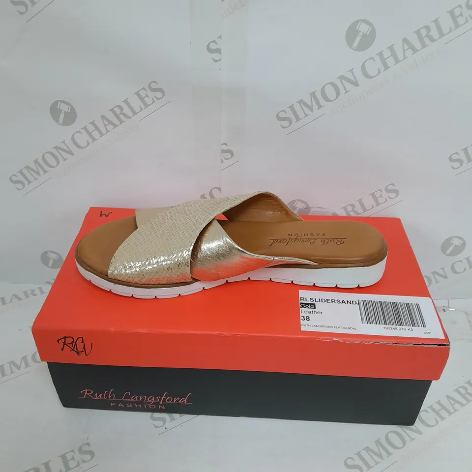 BOXED PAIR OF RUTH LANGSFORD SANDALS IN CHAMPAGNE GOLD SIZE 5