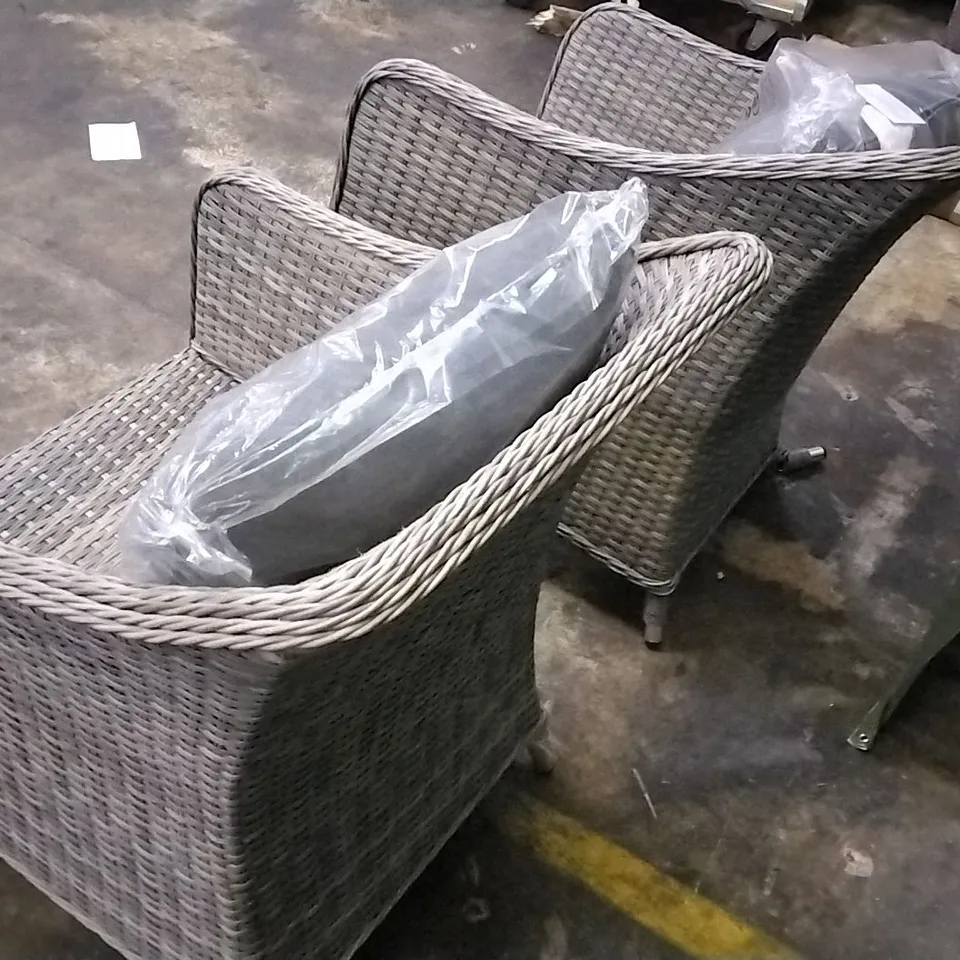 DESIGNER PAIR OF RATTAN EFFECT GARDEN DINING CHAIRS WITH CUSHIONS