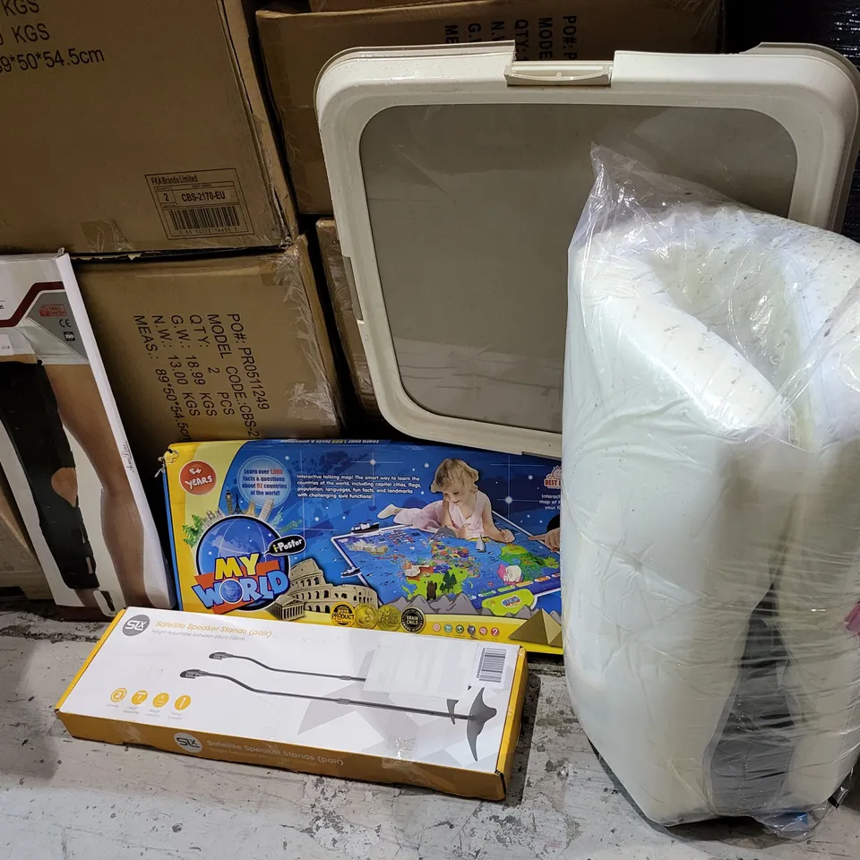 PALLET OF A SIGNIFICANT QUANTITY OF ASSORTED ITEMS TO INCLUDE SLX SATELLITE SPEAKER STAND PAIR, ORTHOPEDIC BRACES, MY WORLD I POSTERS, BAGGED AND ROLLED COT MATTRESS, ETC