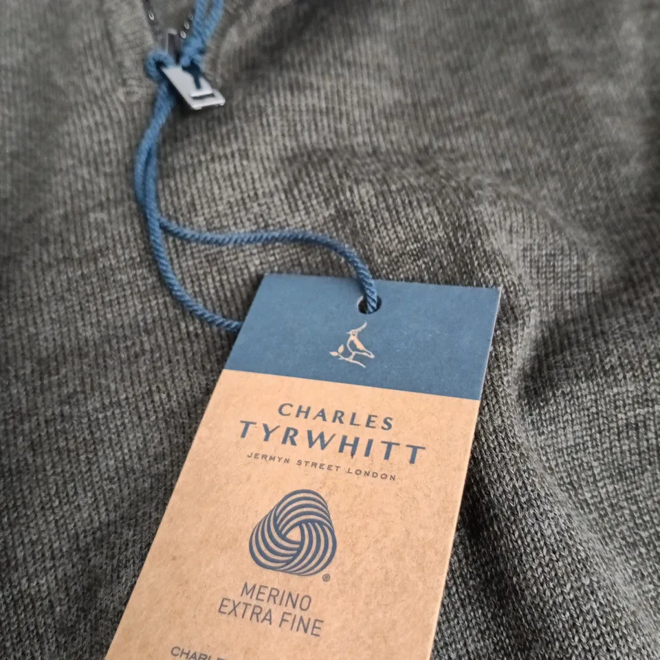 CHARLES TYRWHITT MERINO ZIP NECK JUMPER – OLIVE GREEN MELANGE (MERINO EXTRA FINE) - SIZE L