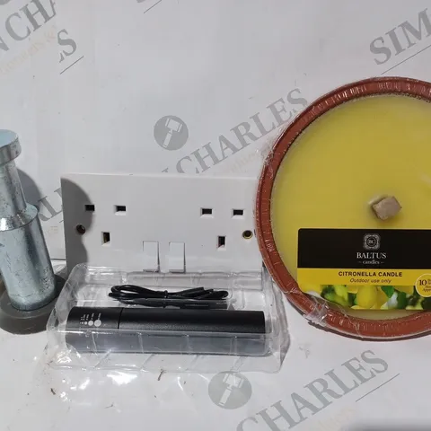 APPROXIMATELY 15 ASSORTED HOUSEHOLD ITEMS TO INCLUDE BALTUS CITRONELLA CANDLE, 2-GANG PLUG SOCKET, ETC