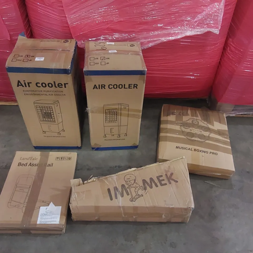 PALLET CONTAINING ASSORTED CONSUMER PRODUCTS TO INCLUDE: AIR COOLERS, KID'S SCOOTER, MUSICAL BOXING PRO, BED ASSIST RAIL ECT