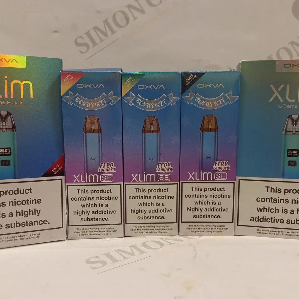 BOX OF 5 ASSORTED OXVA VAPE SYSTEMS TO INCLUDE 2 X XLIM X-TREME FLAVOUR VAPES & XLIM SE VAPES 