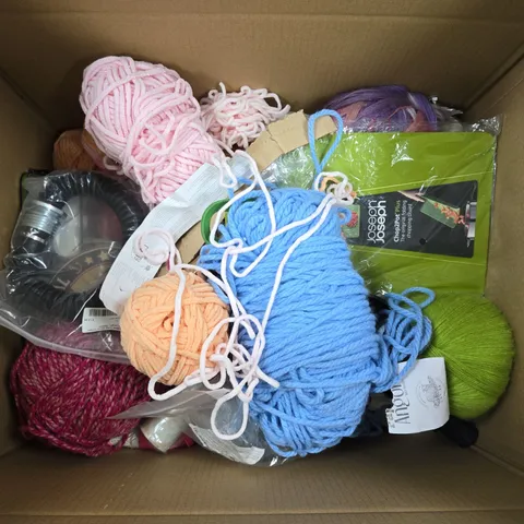 BOX OF ASSORTED CRAFT YARN SKEINS – PINK, BLUE, PEACH, PURPLE & GREEN, AND OTHER HOUSEHOLD ITEMS