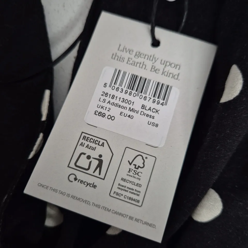 NOBODY'S CHILD BLACK POLKA DOT DRESS, UK 12 (EU 40)