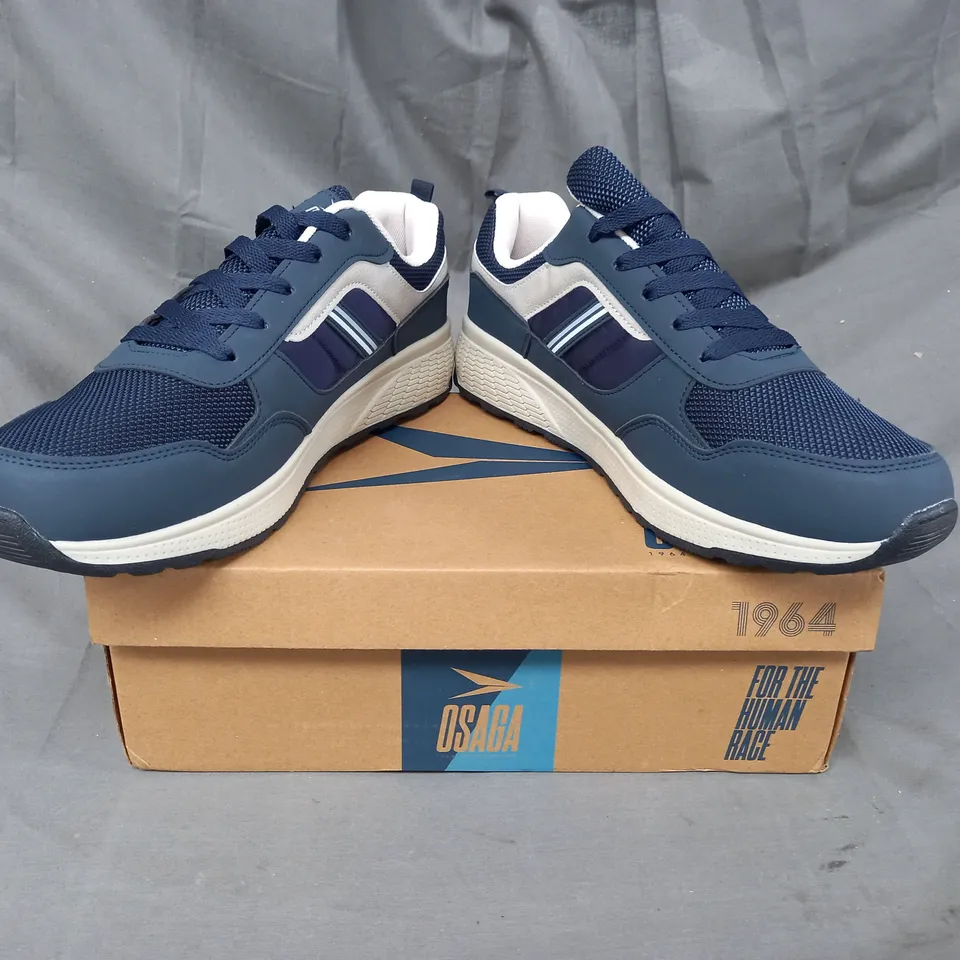 BOXED PAIR OF OSAGA SHOES IN NAVY SIZE 11