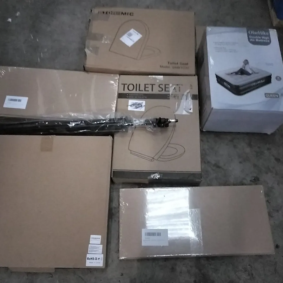 PALLET OF ASSORTED ITEMS INCLUDING TOILET SEAT, OLARHIKE DOUBLE HIGH AIR MATTRESS, STOREMIC TOILET SEAT, 3 APERTURE PICTURE FRAMES, HOUSMILE,  COMFIER SLEEP MEMORY FOAM PILLOW 