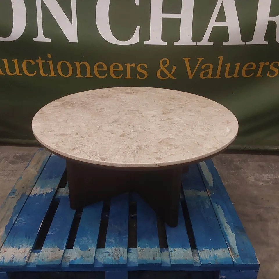 DESIGNER BROWN MARBLE COFFEE TABLE WITH SOLID WOOD BASE