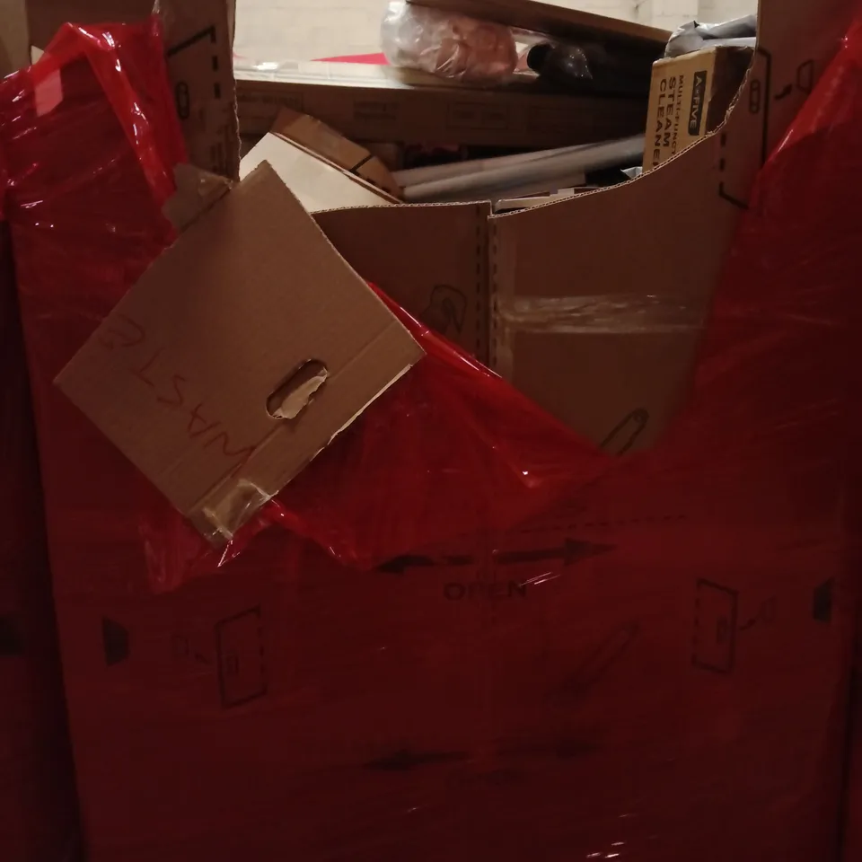PALLET OF ASSORTED HOUSEHOLD GOODS AND PRODUCTS TO INCLUDE;DESK,STEAM CLEANER,PHONE ACCESSORIES