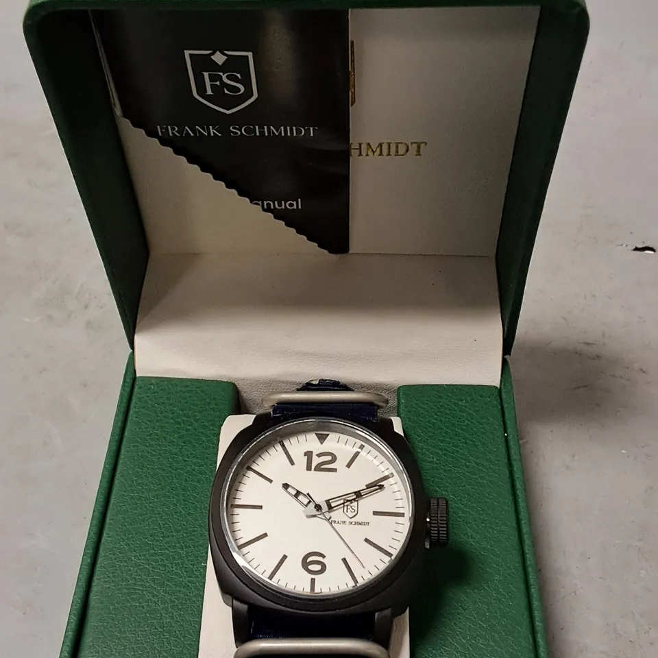 FRANK SCHMIDT STAINLESS STEEL WATCH WITH BLACK BODY AND BLUE FABRIC STRAP