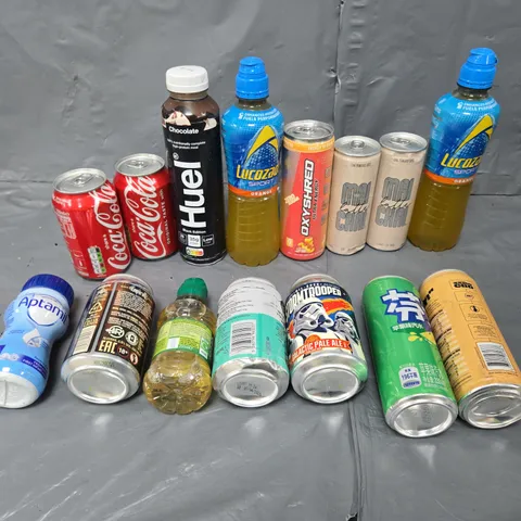 APPROXIMATELY 10 ASSORTED DRINK ITEMS TO INCLUDE - HUEL, ACTAMIL, AND LUCOZADE ETC.