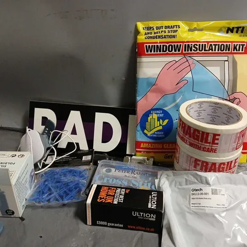 APPROXIMATELY 15 ASSORTED HOUSEHOLD ITEMS TO INCLUDE WINDOW INSULATION KIT, FRAGILE TAPE, SILICONE FOLDING BOTTLE, ETC