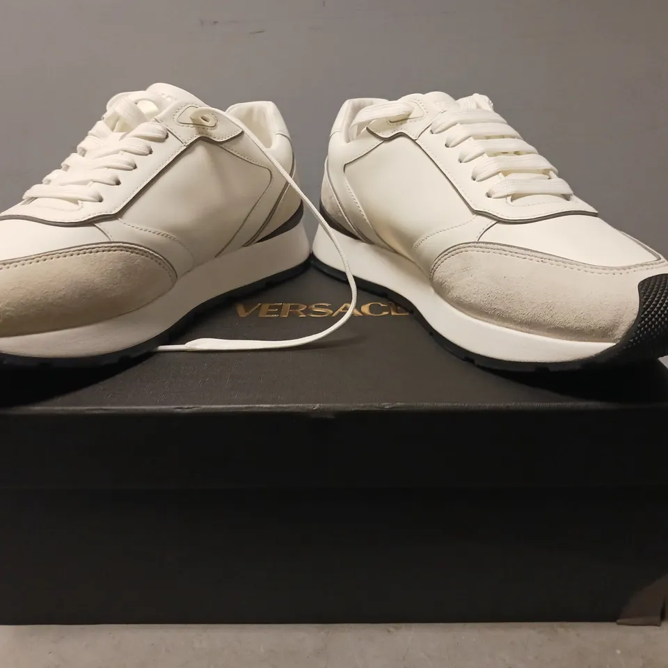 BOXED PAIR OF VERSACE NEW LOGO SNEAKERS IN WHITE UK SIZE 9