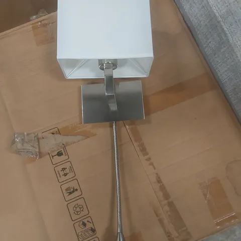 MODERN BEDSIDE WALL LAMP WITH A WHITE RECTANGULAR FABRIC SHADE AND AN INTEGRATED FLEXIBLE LED READING ARM