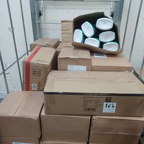CAGE OF APPROXIMATELY 20 BOXES TO INCLUDE VARIOUS HOUSEHOLD ITEMS - CARAVAN TOP GLOSS, PAINT, VALENTINE'S DAY GIFTS, ETC - COLLECTION ONLY