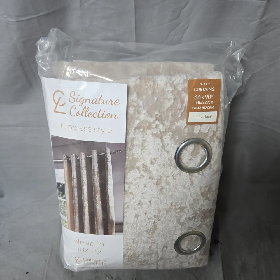 CATHERINE LANSFIELD CRUSHED VELVET EYELET CURTAINS - natural - (66 X 90")