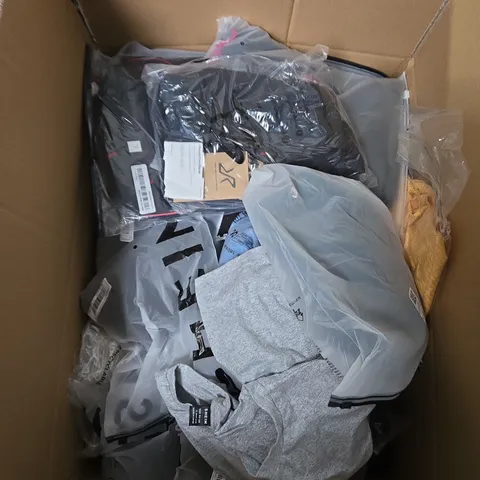 LARGE BOX OF ASSORTED CLOTHING ITEMS IN VARIOUS SIZES, STYLES AND COLOUR 