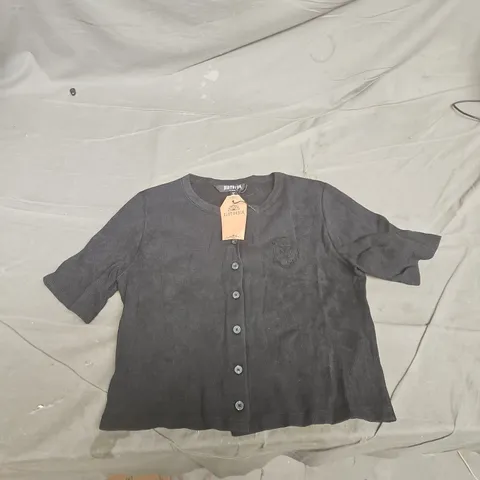 DISTURBIA FAYE COTTON-BLEND FLORAL EMBROIDERED WAFFLE BUTTON UP TOP – UK16