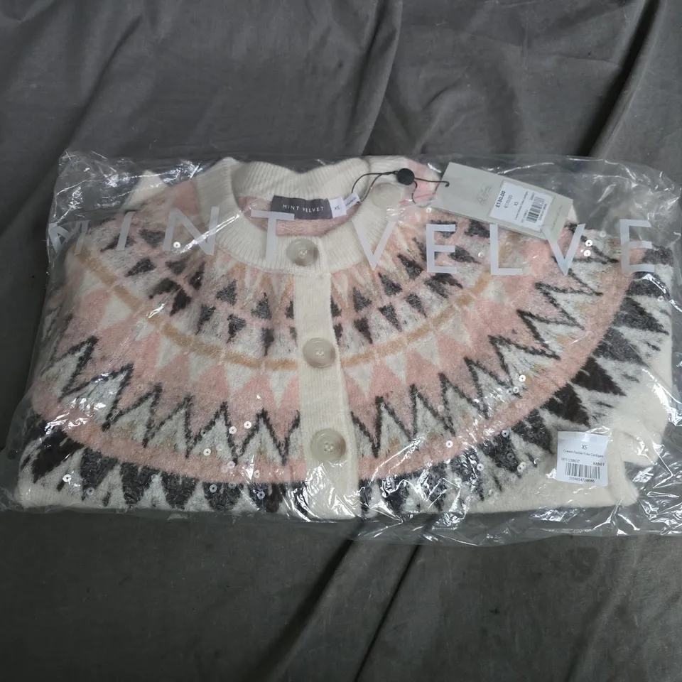 BAGGED MINT VELVET CREAM FAIRISLE YOKE CARDIGAN IN PINK MULTI - XS