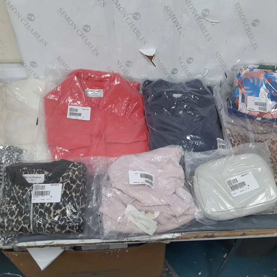BOX OF APPROXIMATELY 10 ASSORTED BAGGED CLOTHING AND BAGS IN VARIOUS STYLES AND SIZES 