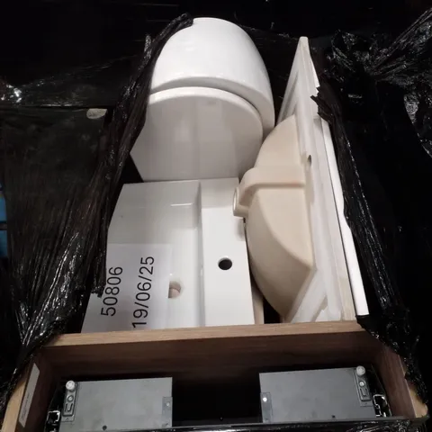 PALLET CONTAINING ASSORTED BATHROOM FURNITURE INCLUDING SINK BASINS, TOILET BASIN & VANITY BASE UNIT 