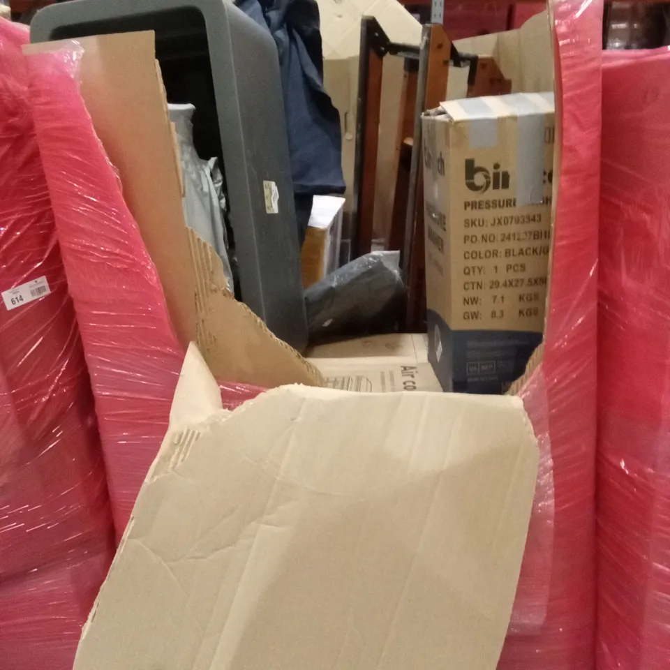 PALLET OF ASSORTED HOUSEHOLD GOODS AND PRODUCTS TO INCLUDE; AIR COOLER, PLANTER, PRESSURE WASHER, FAN ETC