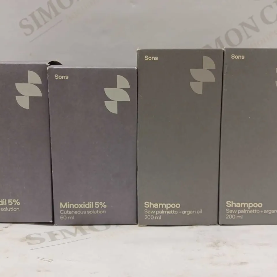 LOT OF 4 SONS PRODUCTS TO INCLUDE 2 X 60ML SONS MINOXIDIL 5% CUTANEOUS SOLUTION & 2 X 200ML SONS SAW PALMETTO + ARGAN OIL SHAMPOO