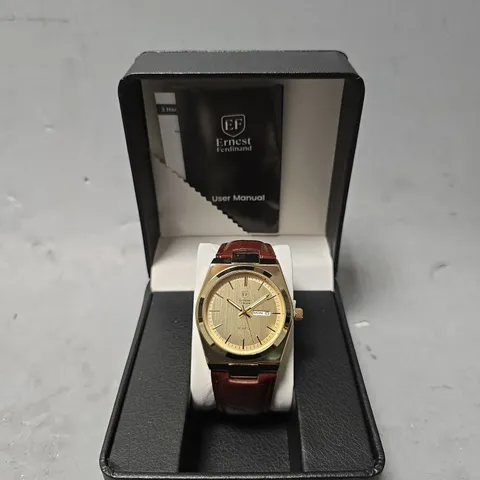 ERNEST FERDINAND WATCH – DAY DATE CALENDAR DIAL – LEATHER STRAP – 3ATM WATER RESISTANT - GIFT BOX