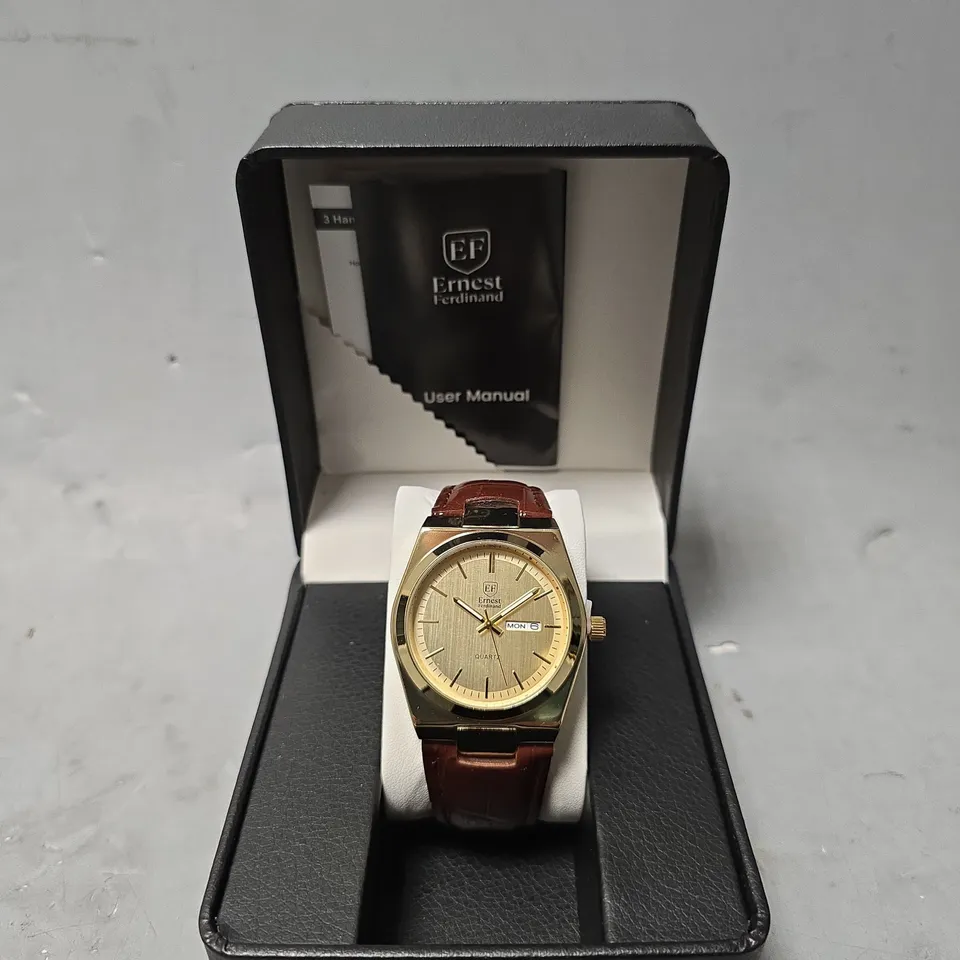 ERNEST FERDINAND WATCH – DAY DATE CALENDAR DIAL – LEATHER STRAP – 3ATM WATER RESISTANT - GIFT BOX