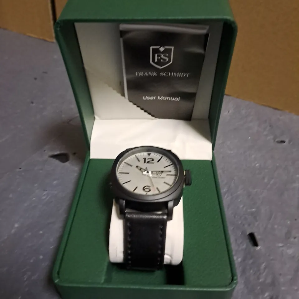 FRANK SCHMIDT WHITE DIAL GENTS WATCH WITH BLACK CASE AND STRAP IN GIFT BOX